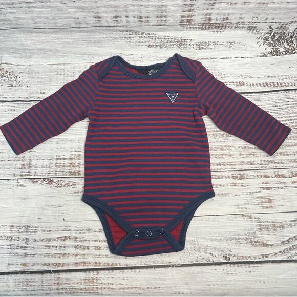 Baby Guess Long Sleeve Bodysuit 6-9 Months Navy Maroon Stripes Triangle Logo - Picture 1 of 11